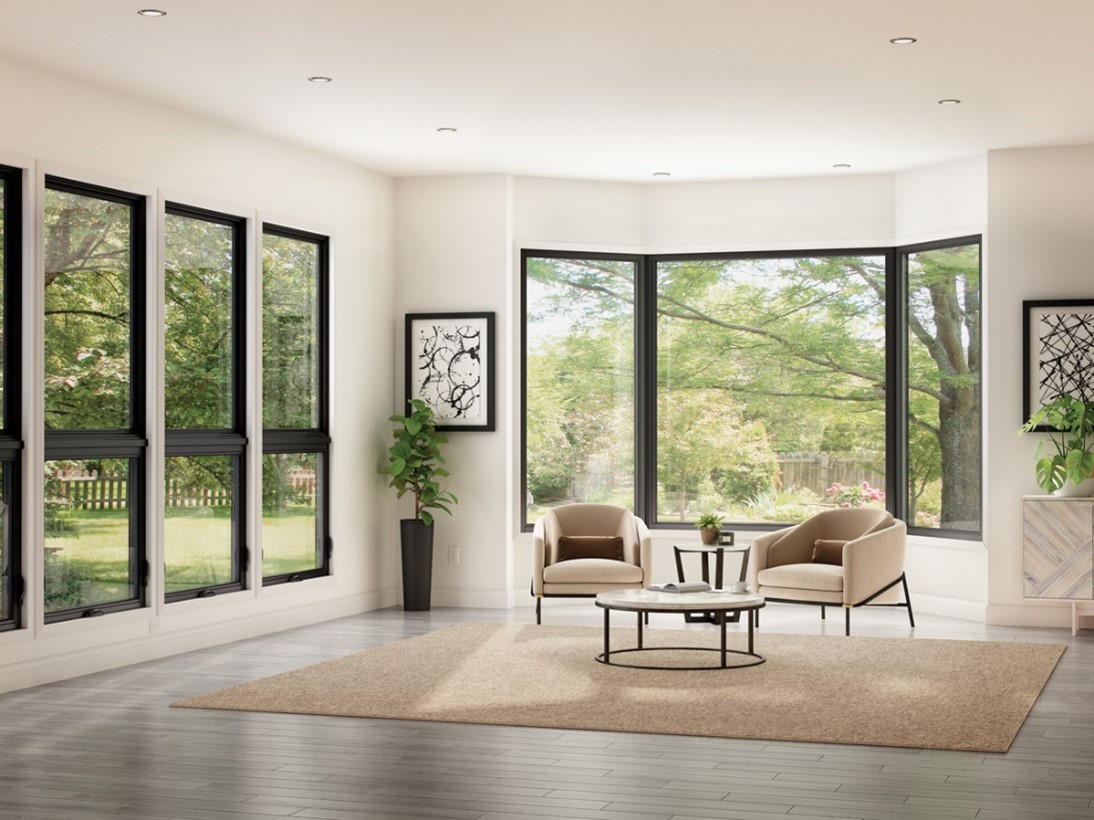Contemporary living room with Milgard black frame windows and stylish mid-century furniture