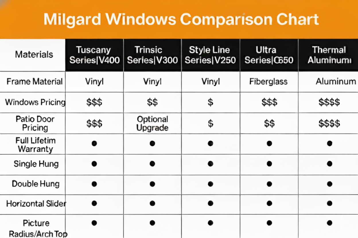 Milgard Windows Comparison Chart Showing Tuscany Trinsic Style Line Ultra And Thermal Aluminum Series