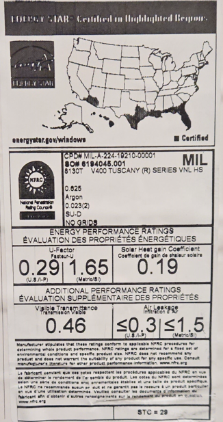 Milgard Windows U Factor And SHGC Energy Performance Sticker