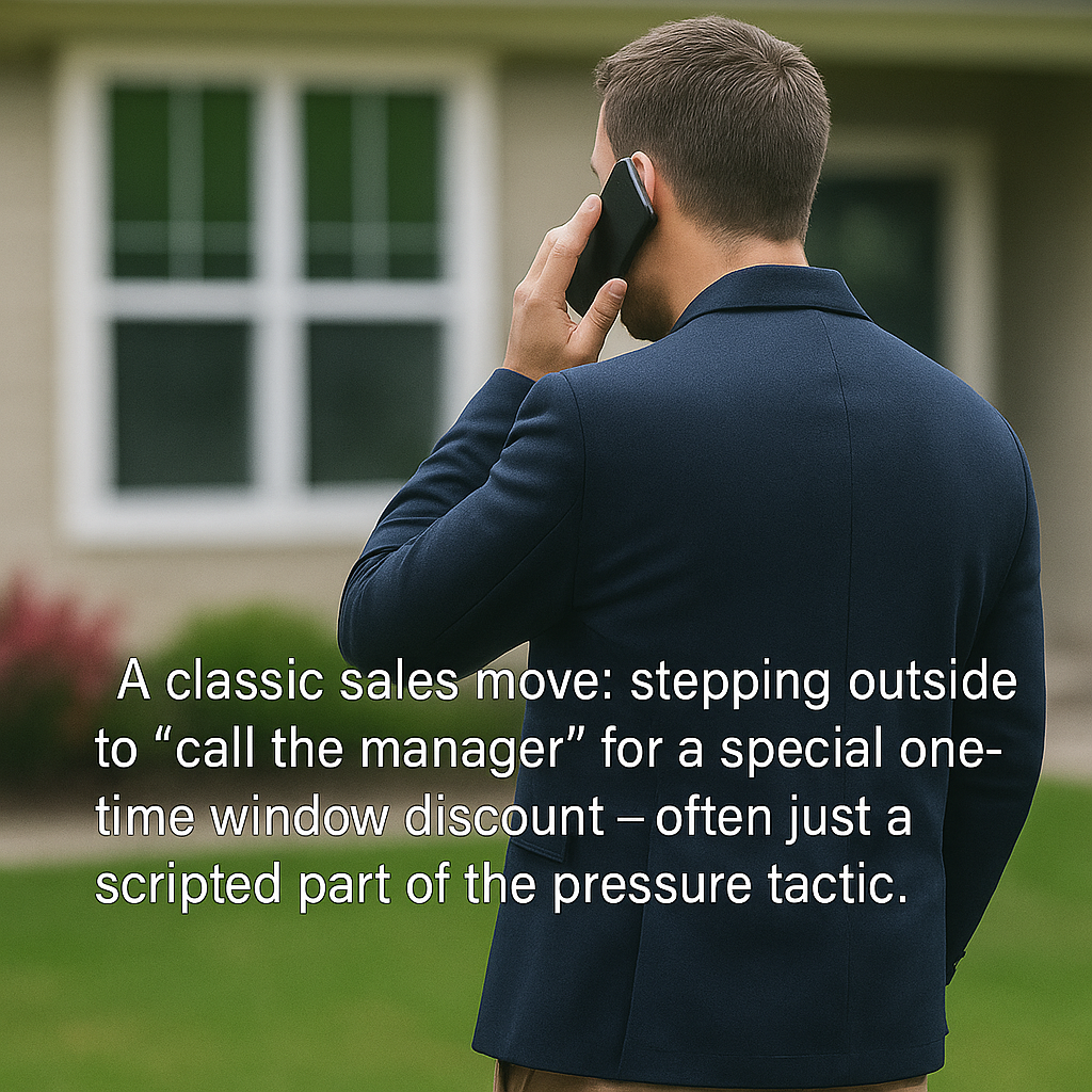 A classic sales move: stepping outside to “call the manager” for a special one-time window discount — often just a scripted part of the pressure tactic.